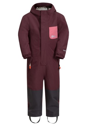 Burgunderfarbener wasserdichter Overall mit einer pinken Tasche, elastischen Bündchen und grauem unteren Abschnitt. Ausgestattet mit verstärkten Trägern und Seitentaschen.
