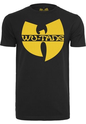 Sort T-shirt med korte ærmer med stort gult Wu-Tang Clan-logo og tekst centreret på forsiden.