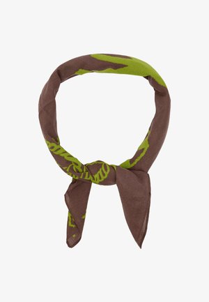 Brązowy i zielony szal w wzory, wykonany z miękkiego materiału, z węzłowym wzorem i trójkątnymi końcami, o gładkiej fakturze.