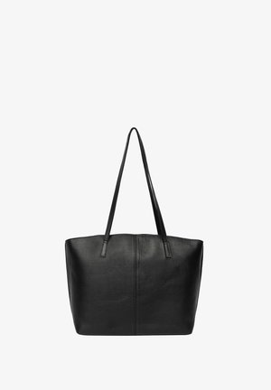 Sac fourre-tout en cuir noir avec deux longues poignées, une forme structurée, une texture lisse et un design minimaliste. Aucun élément métallique ou accent visible.