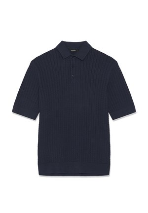 Marineblaues Polohemd mit kurzen Ärmeln, Kabelstrickstruktur, gerippten Bündchen, geknöpfter Knopfleiste und flachem Kragen.