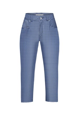 Blauw-witte geruite broek met een aansluitend ontwerp, vijf zakken en een sluiting met knoop en rits. Gemaakt van een katoenmix.