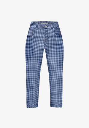 Blauw-witte geruite broek met een aansluitend ontwerp, vijf zakken en een sluiting met knoop en rits. Gemaakt van een katoenmix.