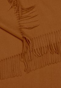 Brown fringed scarf made of soft fabric, featuring long, delicate tassels along the edges, creating a textured appearance.