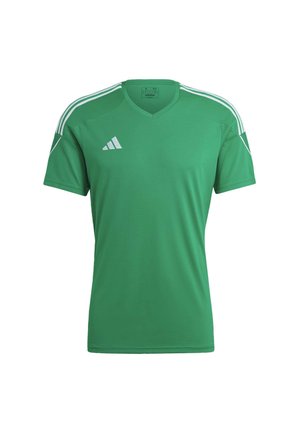 Green athletic jersey with a V-neck, short sleeves, and three white stripes on shoulders. Made from lightweight, smooth fabric.