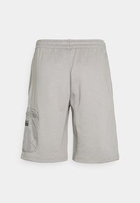 Light grey shorts made of soft fabric, featuring an elastic waistband, side pocket in contrasting material, and simple design.