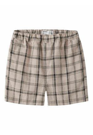 Short beige et noir à carreaux avec une taille élastique, en tissu léger, adapté pour un usage décontracté.