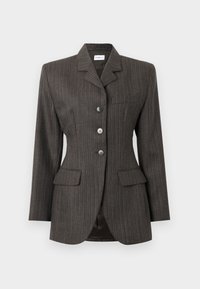 Donkergrijze blazer met krijtstreep, drie voorste knopen, reverskraag, twee klepzakken en één borstzak, slim fit.