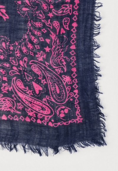 Marineblauw bandana met roze paisley- en diamantpatronen; franjes aan de randen; lichtgewicht en gestructureerde stof die geschikt is voor verschillende stijlopies.