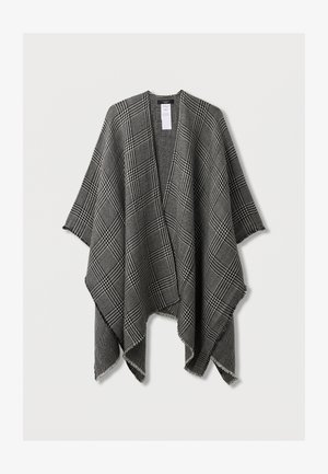 Melnā un baltā karoga raksta mēteli, atvērtā priekšpuse, mīksta auduma, ar frakdējumam apmalēm, ar strukturētu drapējumu. Nodalījums redzams pie kakla.