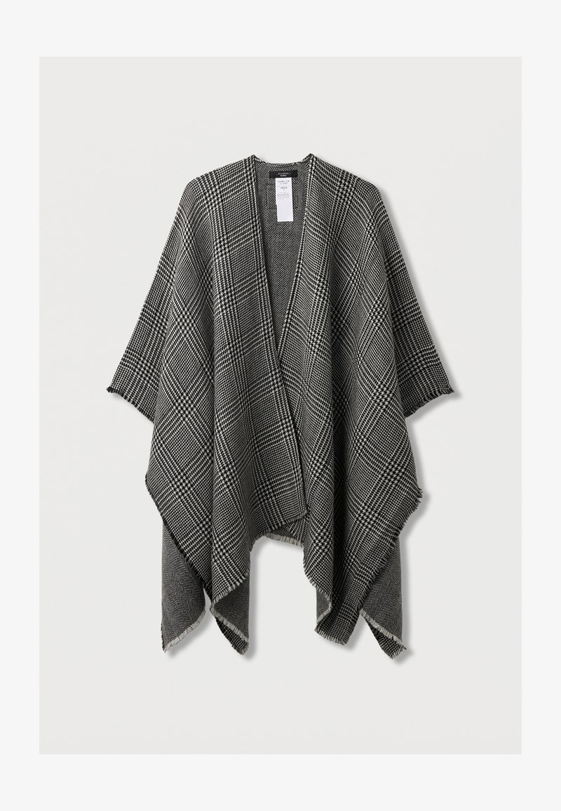 Fekete-fehér kockás köpeny, nyitott elülső dizájn, puha anyag, rojtokkal díszített szélek, strukturált esés. Címke látható a nyaknál.