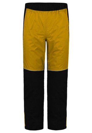 Żółte i czarne ocieplane spodnie z elastycznym pasem, z kolorowym wzorem i żółtymi akcentami po bokach. Teksturowany materiał.