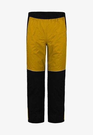 Pantaloni isolati gialli e neri con vita elastica, caratterizzati da un design a blocchi di colore e accenti laterali gialli. Tessuto testurizzato.