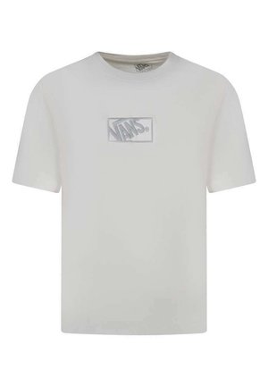 T-shirt bianca a maniche corte con girocollo e piccolo logo rettangolare Vans stampato al centro del petto.