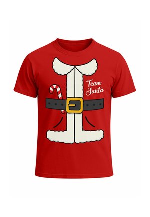 Red t-shirt featuring a Santa suit graphic with white fur accents, black belt, gold buckle, and a candy cane illustration. Text reads "Team Santa."