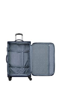 Valigia navy con quattro ruote, manico estensibile e scomparti con zip. Interno foderato in tessuto grigio a motivo e cinghie di sicurezza.
