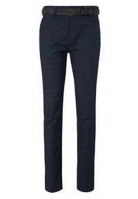 Námořnické modré kalhoty slim fit s jemným kostkovaným vzorem, doplněné černým koženým opaskem s obdélníkovou sponou.