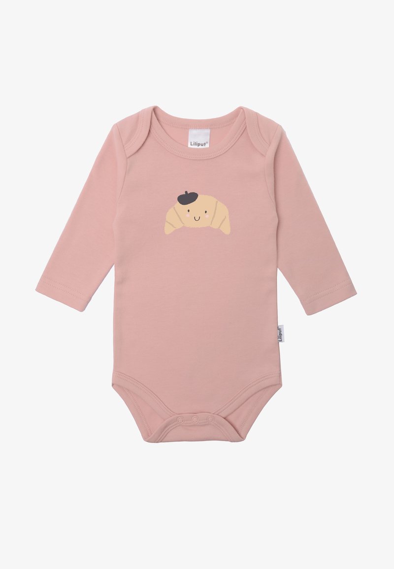 Pink long-sleeve onesie made of soft cotton. Features a croissant graphic with a smile and beret on the front. Snap closure at the bottom.