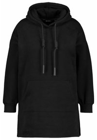 Sudadera con capucha negra hecha de un tejido suave, que cuenta con un bolsillo frontal, cordones y mangas largas con puños de canalé.