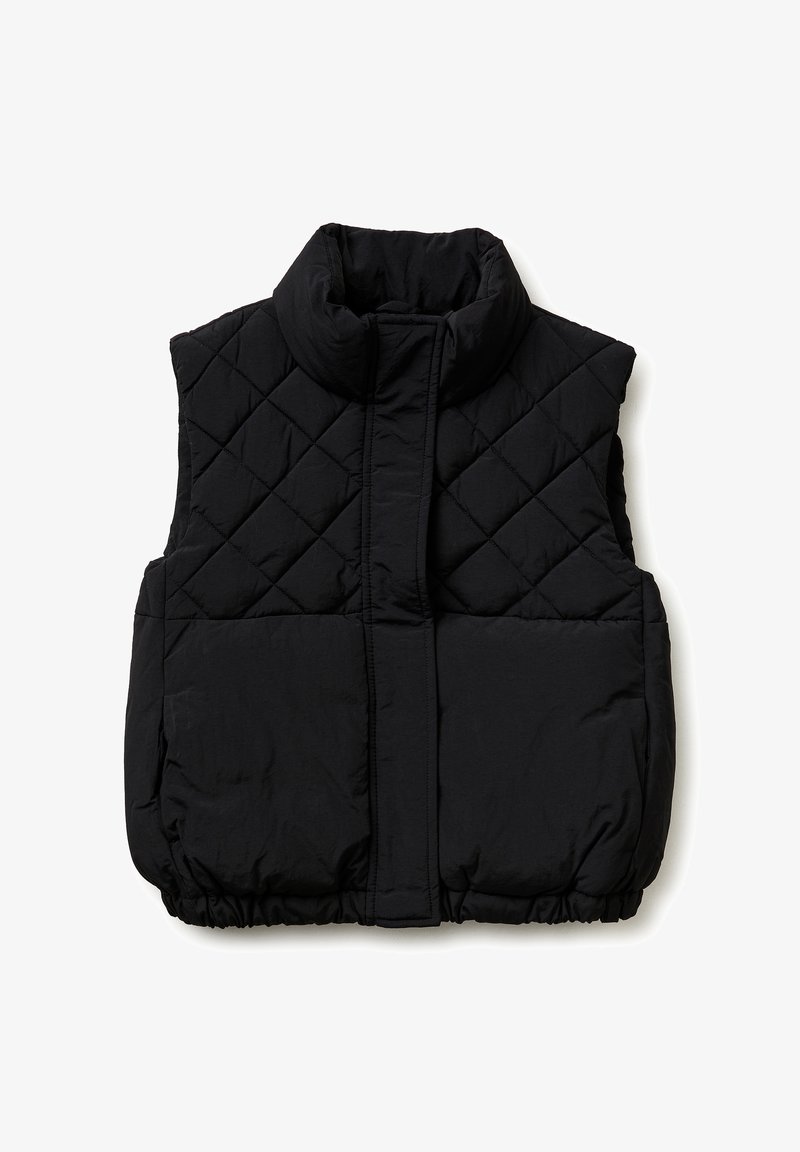 Veste sans manches matelassée noire avec col haut, fermeture éclair frontale recouverte d'un rabat et ourlet élastique, présentée à plat sur fond blanc.