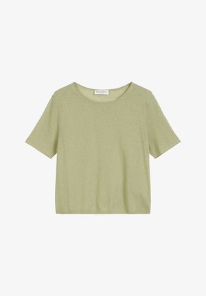 T-shirt z krótkim rękawem, okrągłym dekoltem, w jasnym zielonym kolorze, wykonany z miękkiej mieszanki bawełny. Cechuje się luźnym krojem oraz bezszwowym dekoltem.