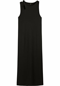 Robe maxi noire sans manches en tissu lisse, avec un détail discret d'ouverture sur une épaule pour un intérêt design supplémentaire.