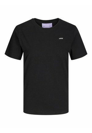 Svart crew-neck t-skjorte laget av bomull, med korte ermer, rett passform, og en liten hvit logo på venstre brystområde.