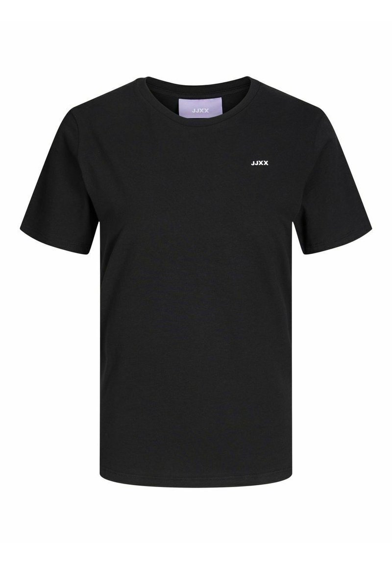 Svart crew-neck t-skjorte laget av bomull, med korte ermer, rett passform, og en liten hvit logo på venstre brystområde.