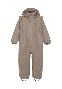 Beige waterdichteOverall met glanzende afwerking, rimpelaccenten aan de zijkant, capuchon, elastische manchet, reflecterende stroken en voetbanden voor een veilige pasvorm.