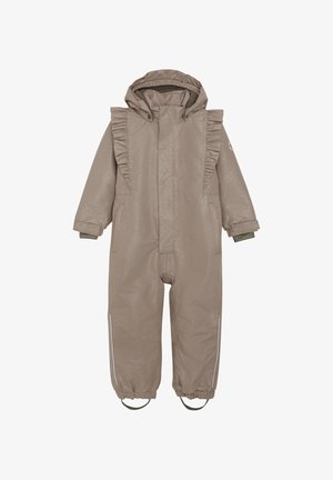 Beige waterdichteOverall met glanzende afwerking, rimpelaccenten aan de zijkant, capuchon, elastische manchet, reflecterende stroken en voetbanden voor een veilige pasvorm.