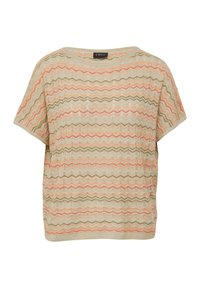 Beige korte mouw trui met een zigzagpatroon in roze, groen en bruin. Open gebreide textuur. Ronde hals met een relaxed fit.