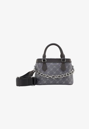Borsa a tracolla grigia con motivo, dotata di manici doppi, tracolla nera rimovibile e accentuazione a catena. Presenta un design strutturato e dettaglio con logo.