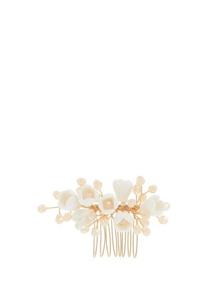 Haarreif mit floralen Akzenten in Weiß, runden Perlen und goldfarbenen Metallzinken in einem filigranen, verwobenen Design.