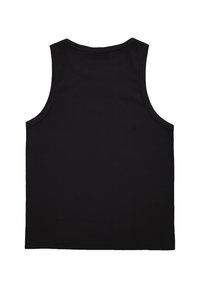 Débardeur noir sans manches avec un col rond, vu de dos sur un fond blanc uni.