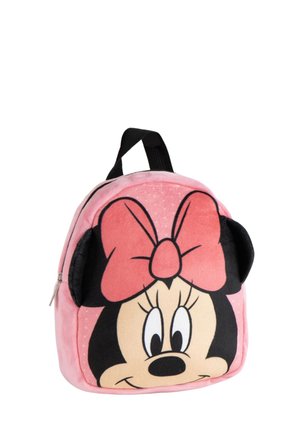 Small pink backpack featuring a large Minnie Mouse face with a red bow and black ears, and a black carrying loop on top.