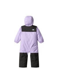 Fialovo-černá zateplená zimní kombinéza s kapucí, elastickými manžetami, zipem na zádech a logem na hrudní části.