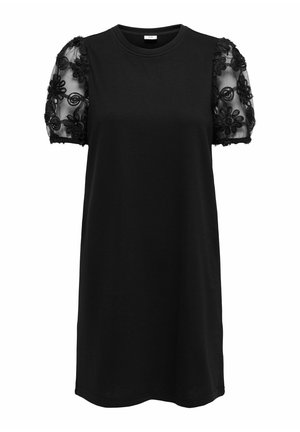 Robe t-shirt noire avec des manches bouffantes courtes en tissu transparent, ornée de broderies florales et d'un contraste de textures. Col rond simple.