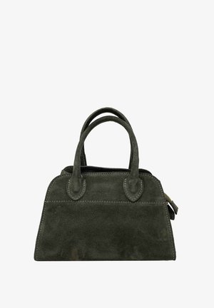 Ciemnozielona torebka z zamszu z podwójnymi zaokrąglonymi uchwytami, zamknięciem na zamek na górze oraz przeszyciami z przodu i po bokach.
