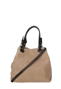 Borsa beige con texture intrecciata e Manici in pelle nera, caratterizzata da una forma arrotondata e doppi manici, completata da una tracolla removibile.