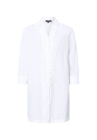 Witte linnen blouse met een knoopsluiting aan de voorkant, kraag en driekwartmouwen. Heeft een rechte snit en een subtiele textuur.