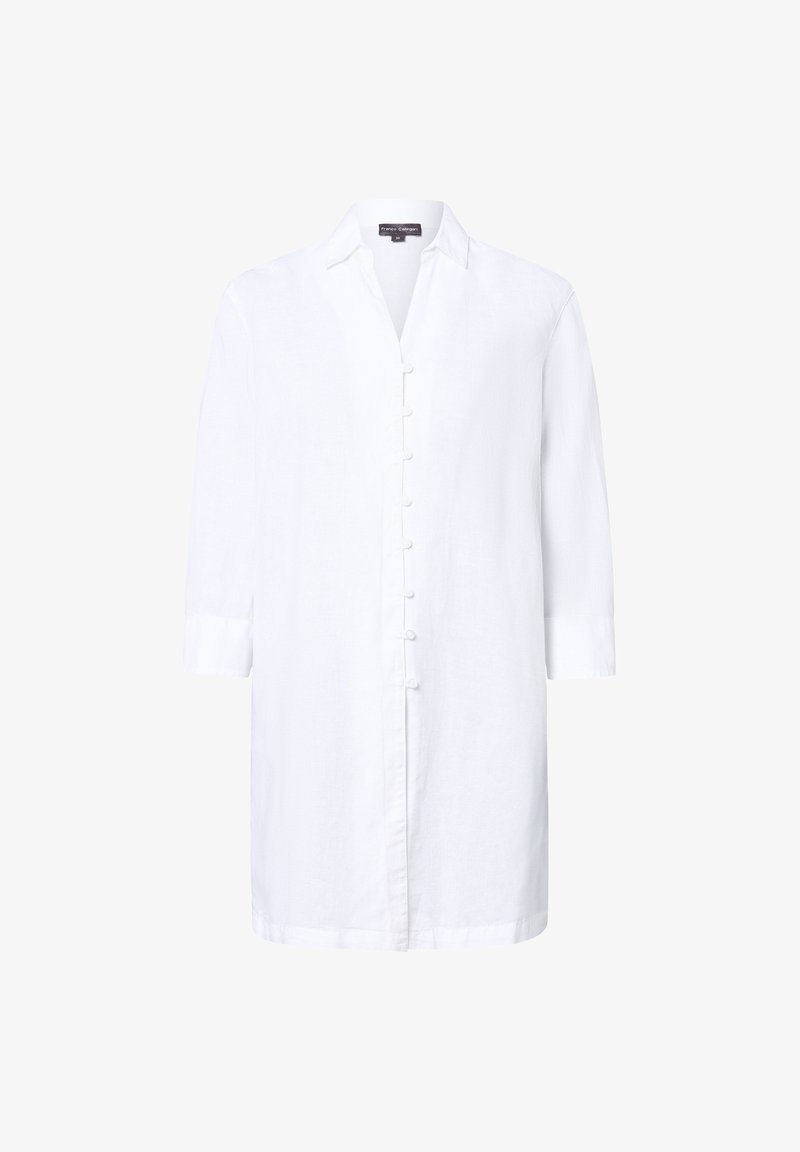 White linen shirt with a button-down front, collar, and three-quarter sleeves. Features a straight cut and subtle texture.