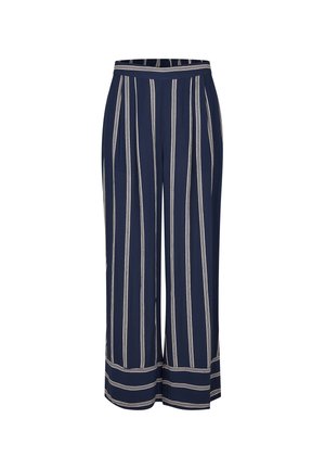 Pantalon bleu marine à jambes larges avec rayures verticales blanches, doté d'une taille haute, de poches latérales et d'une coupe décontractée. Tissu léger à texture lisse.