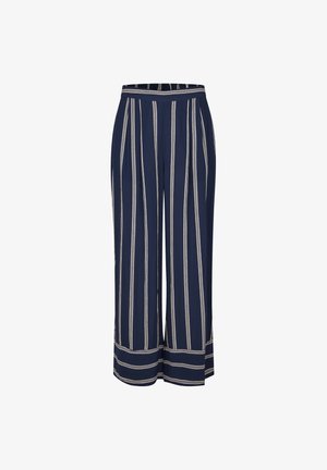 Pantalon bleu marine à jambes larges avec rayures verticales blanches, doté d'une taille haute, de poches latérales et d'une coupe décontractée. Tissu léger à texture lisse.
