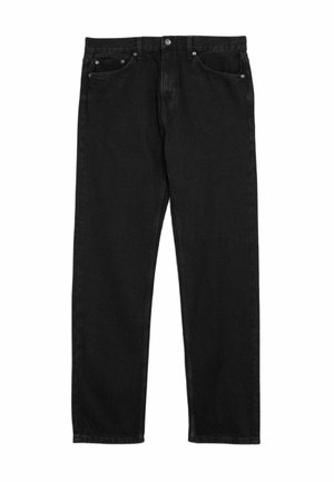 Schwarze Jeans aus Denim mit geradem Schnitt, fünf Taschen und Metallbeschlägen. Bietet ein klassisches Design mit glatter Oberfläche und ohne sichtbare Muster.