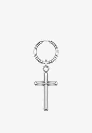 Silberner Metallkreuzanhänger, der an einem glatten, runden Ring befestigt ist. Das Kreuz hat ein poliertes Finish mit klaren Linien und gleichmäßigen Proportionen.