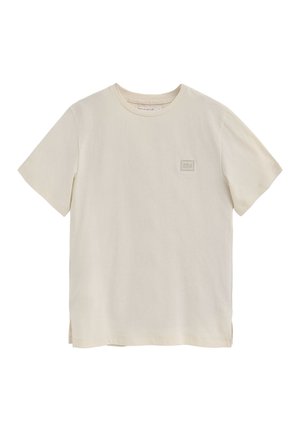 Kurzärmliges Rundhals-T-Shirt in Off-White, mit einem strukturierten Stoff und einem kleinen quadratischen Logo-Patch auf der Brust sowie seitlichen Schlitzen.