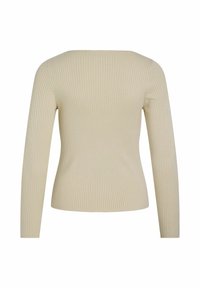 Maglia beige a maniche lunghe con scollo ampio e silhouette aderente. Texture liscia e cuciture uniformi.