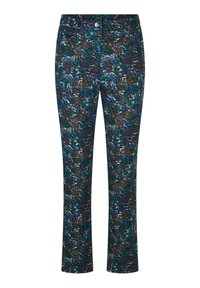 Multikleurige broek met een textuurpatroon in tinten blauw, groen en bruin, gemaakt van flexibele stof, met een standaard tailleband.