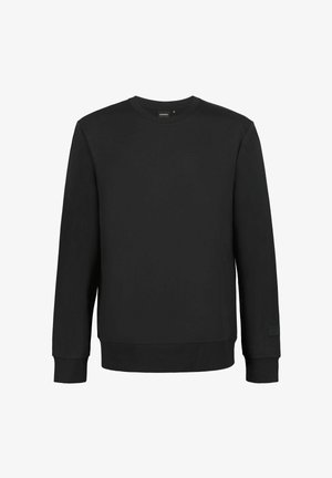 Musta pehmeästä kankaasta valmistettu collegepaita, jossa on pyöreä pääntie, pitkät hihat sekä resorit hihoissa ja helmassa, ja sivussa hillitty merkkilappu.