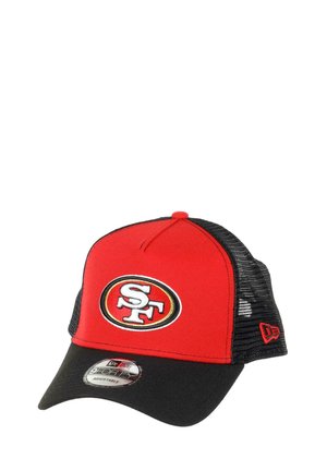 Red and black cap with mesh back, featuring an embroidered SF logo and a flat visor. Adjustable strap with New Era branding detail.